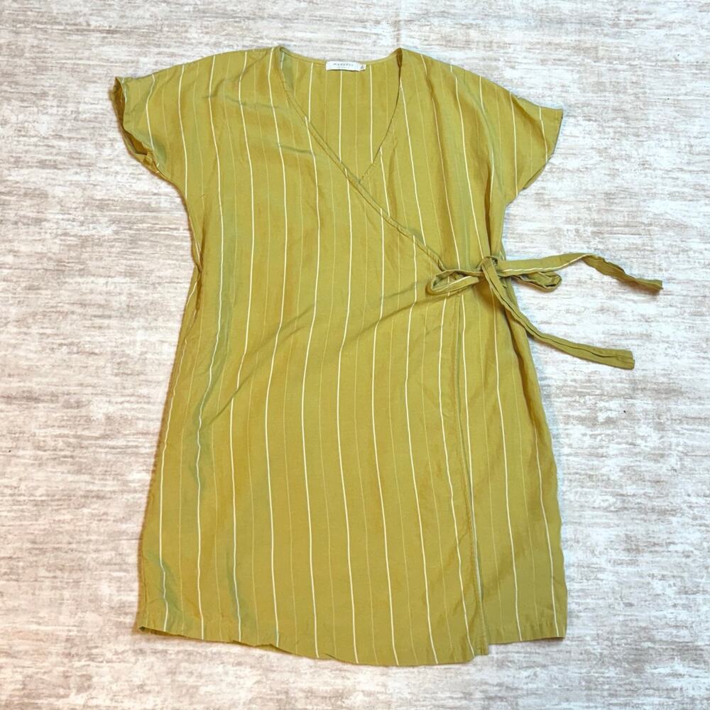 Mododoc Womens Small Stripe Linen Blend Short Sleeve Wrap Dress Summer Resort